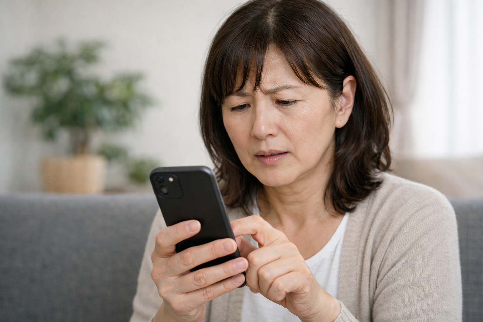 スマホ操作中に親指の付け根に痛みを感じている女性。母指CM関節症の原因になりやすい日常動作の一例