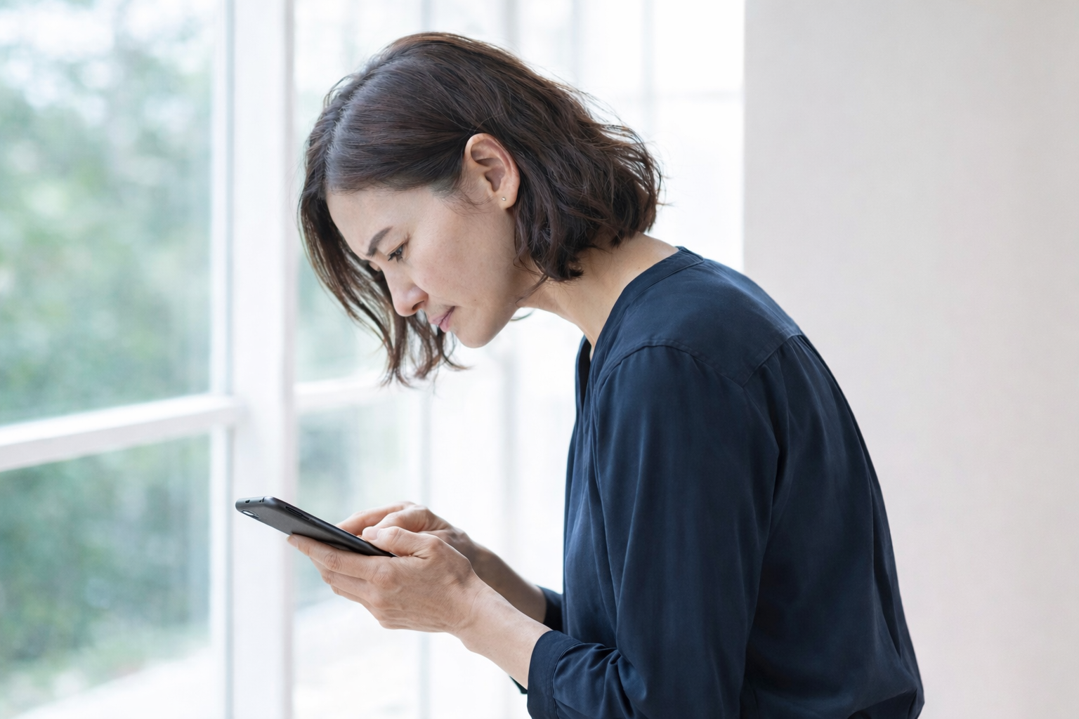 「スマートフォンを操作する姿勢で猫背になっている女性。首が前に出て背中が丸まっている」