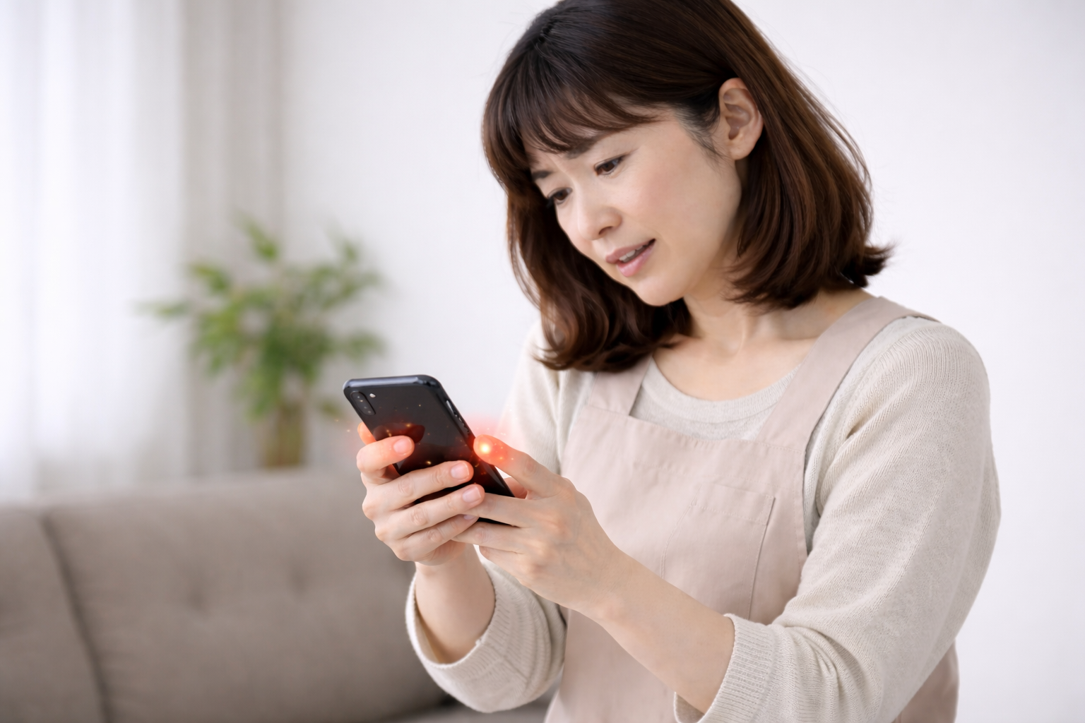 スマホ操作中に指先にピリピリとしたしびれを感じる女性。長時間の使用による末梢神経圧迫の可能性も。