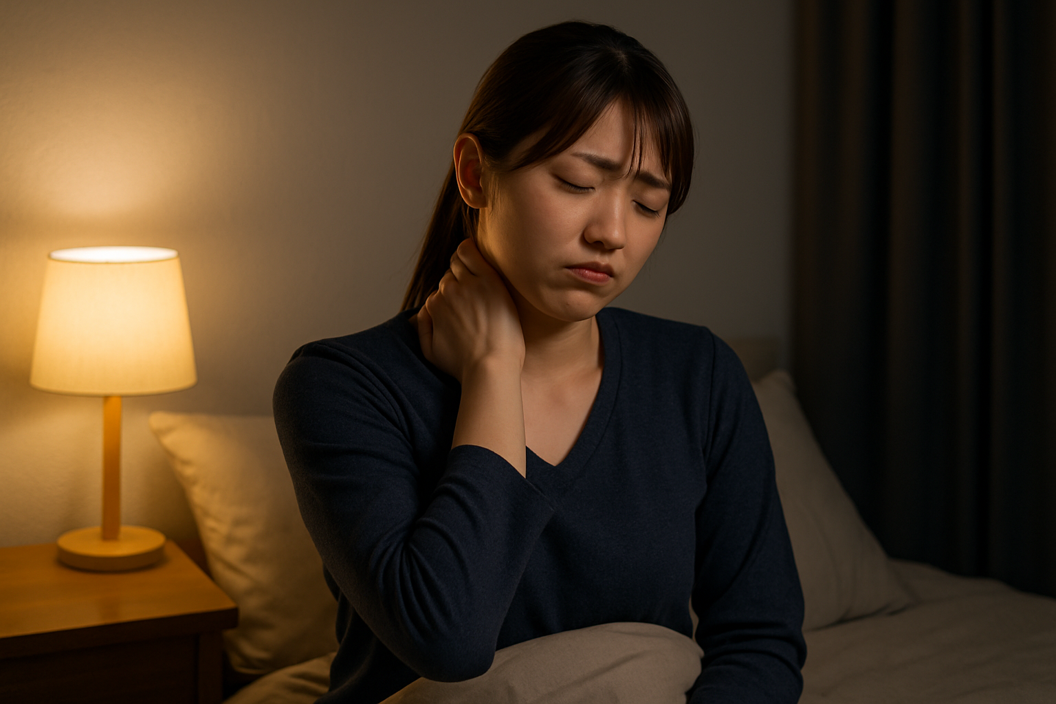 夜寝る前に首が痛くなった女性。交通事故の夜に辛くなる。
