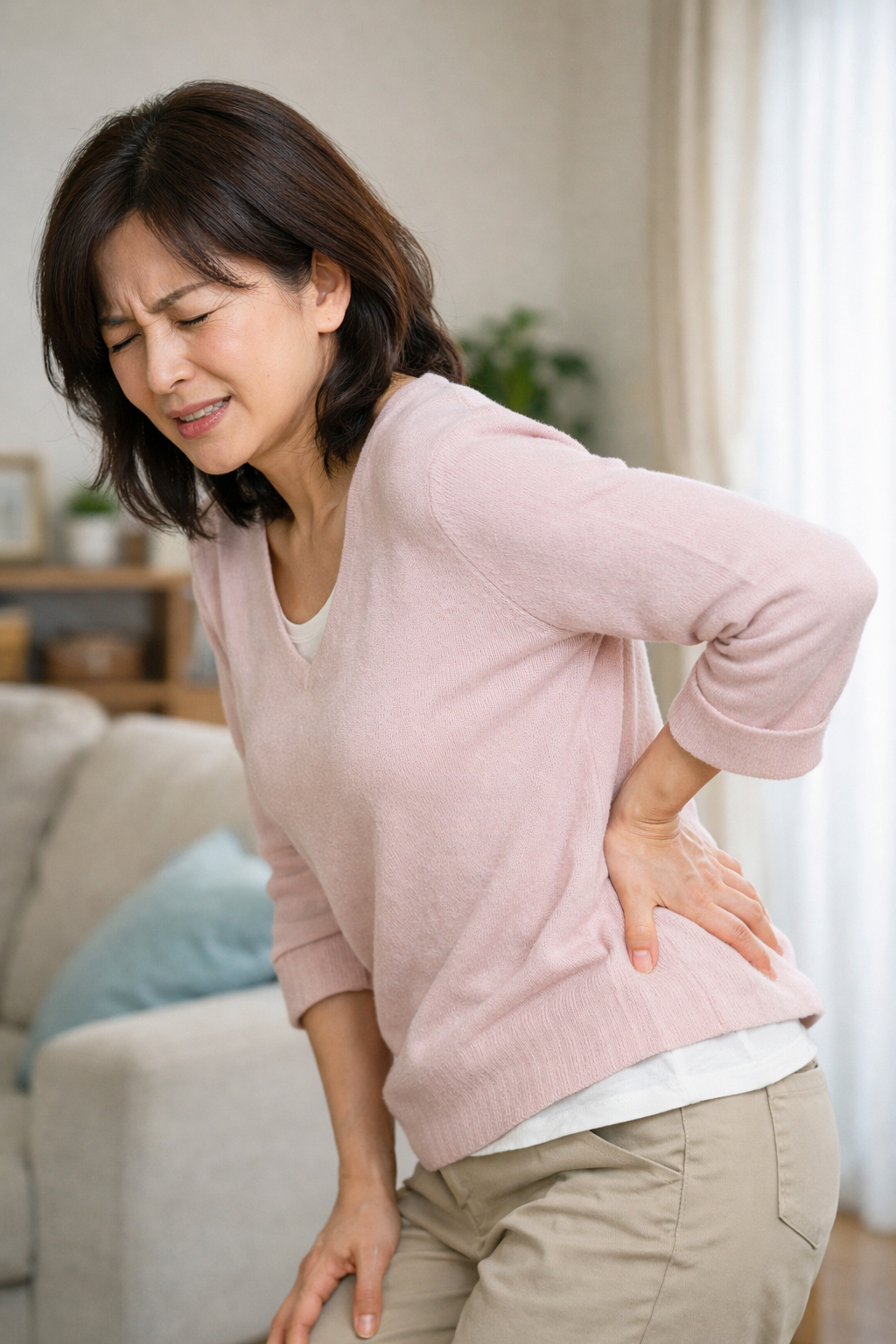 腰の痛みで顔をしかめながら腰を押さえる中年女性。椎間関節性腰痛の症状イメージ。