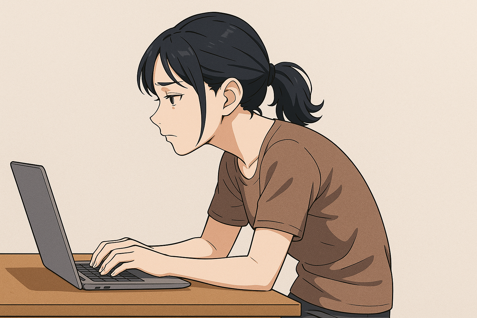 「パソコン作業中に猫背・巻き肩の姿勢になっている女性のイラスト」