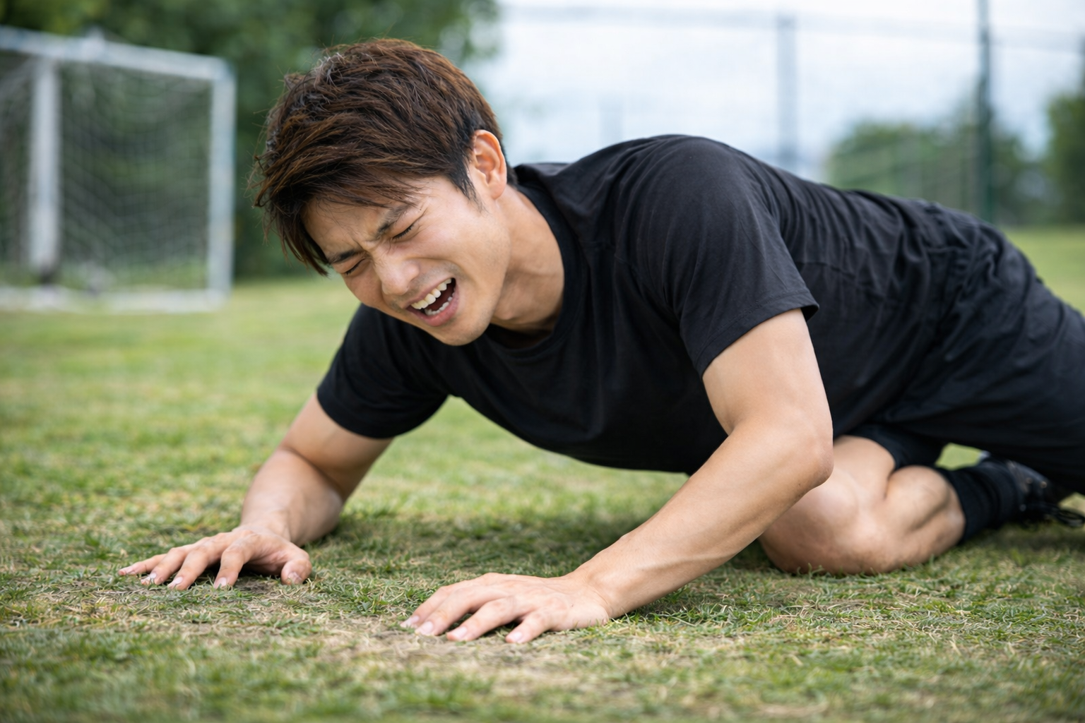 サッカー中に転倒して手をつき、手首に痛みを感じている男性のイメージ