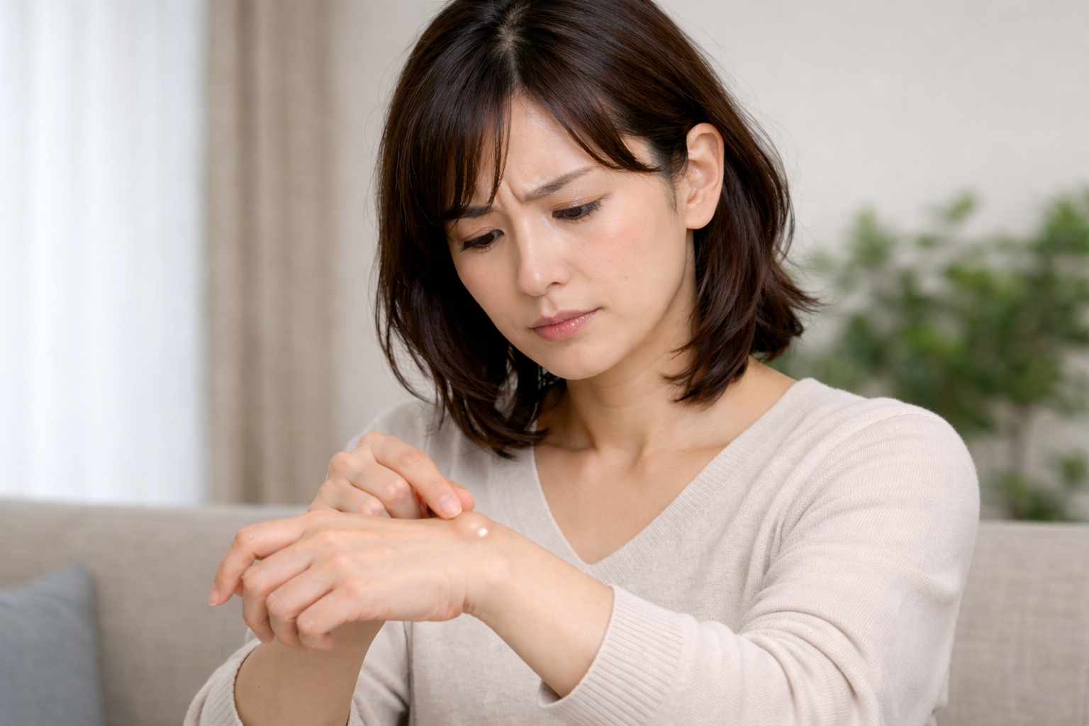 手の甲にできたしこり（ガングリオン）を心配そうに確認する女性