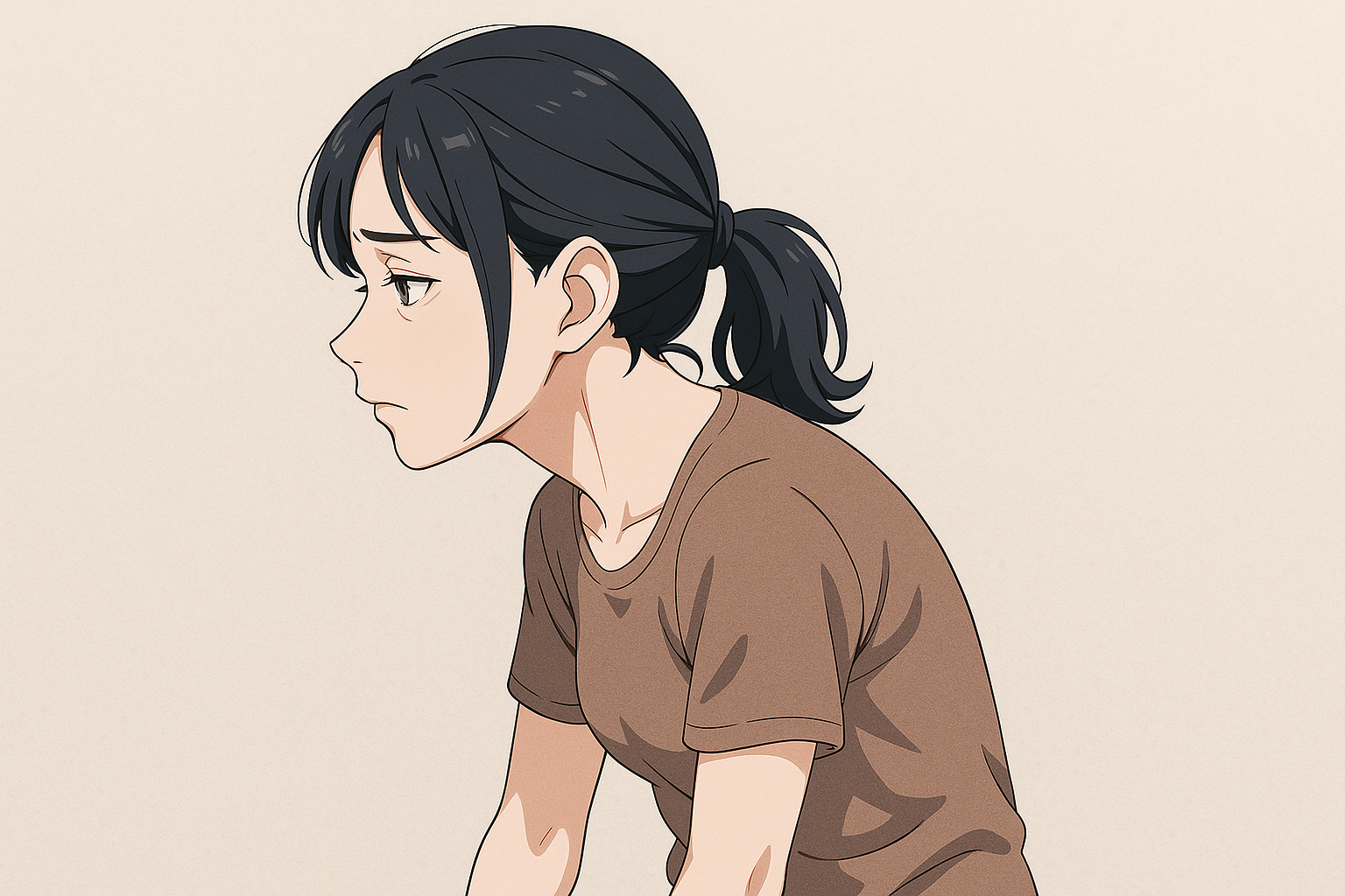 「巻き肩に悩む女性が猫背気味の姿勢で座っている様子」