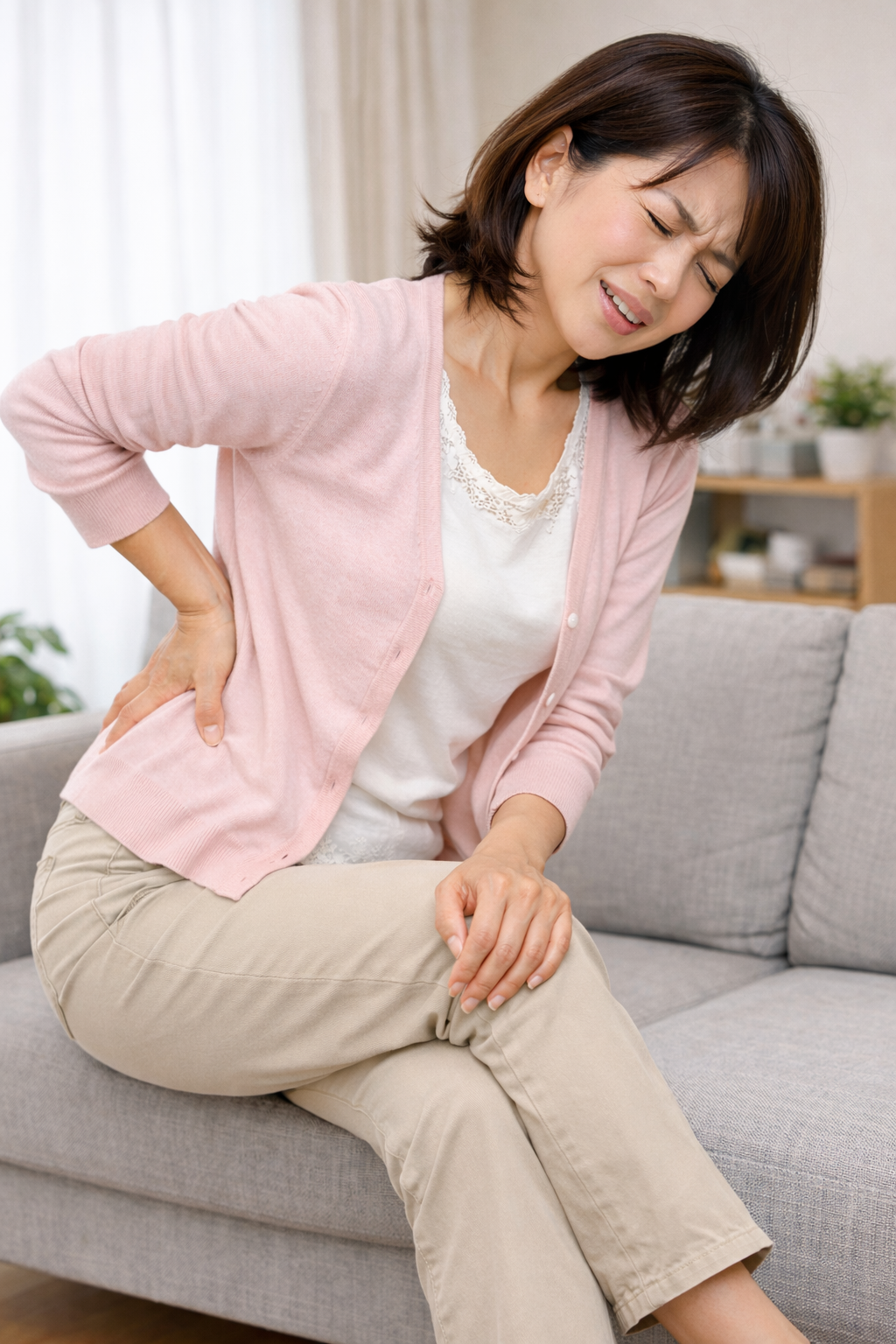 腰を押さえて痛そうな表情をしている女性。自宅で腰痛に悩んでいる様子