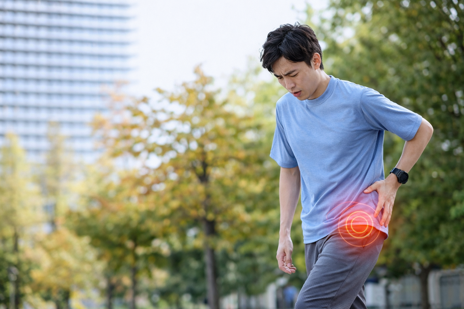 「屋外でランニング中に股関節の痛みを感じて立ち止まる男性。右手で股関節を押さえ、つらそうな表情をしている様子。」