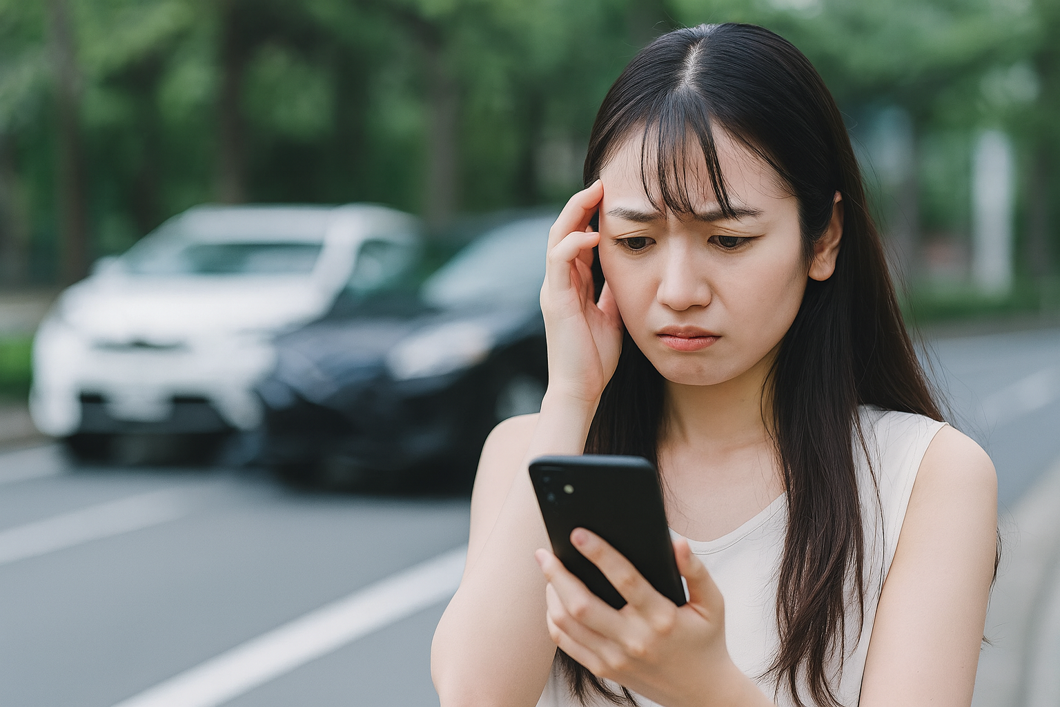 交通事故後に何をすればいいか分からず、保険や病院・整骨院選びに悩む女性のイメージ