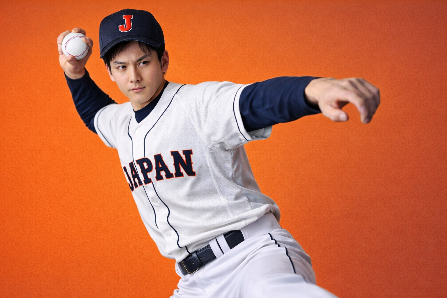 「白いユニフォームに“JAPAN”のロゴが入った野球選手が、真剣な表情でボールを投げようとしているピッチングフォーム。オレンジ色の背景。」