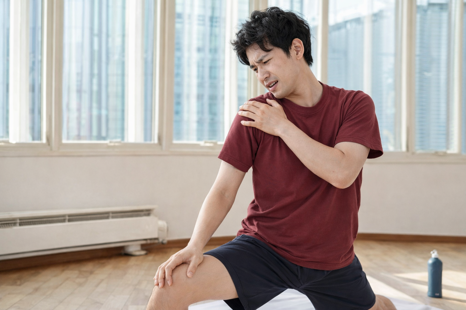 「ストレッチ中に肩の痛みを訴える男性。肩を押さえ、関節唇損傷や肩の不調に悩む様子」