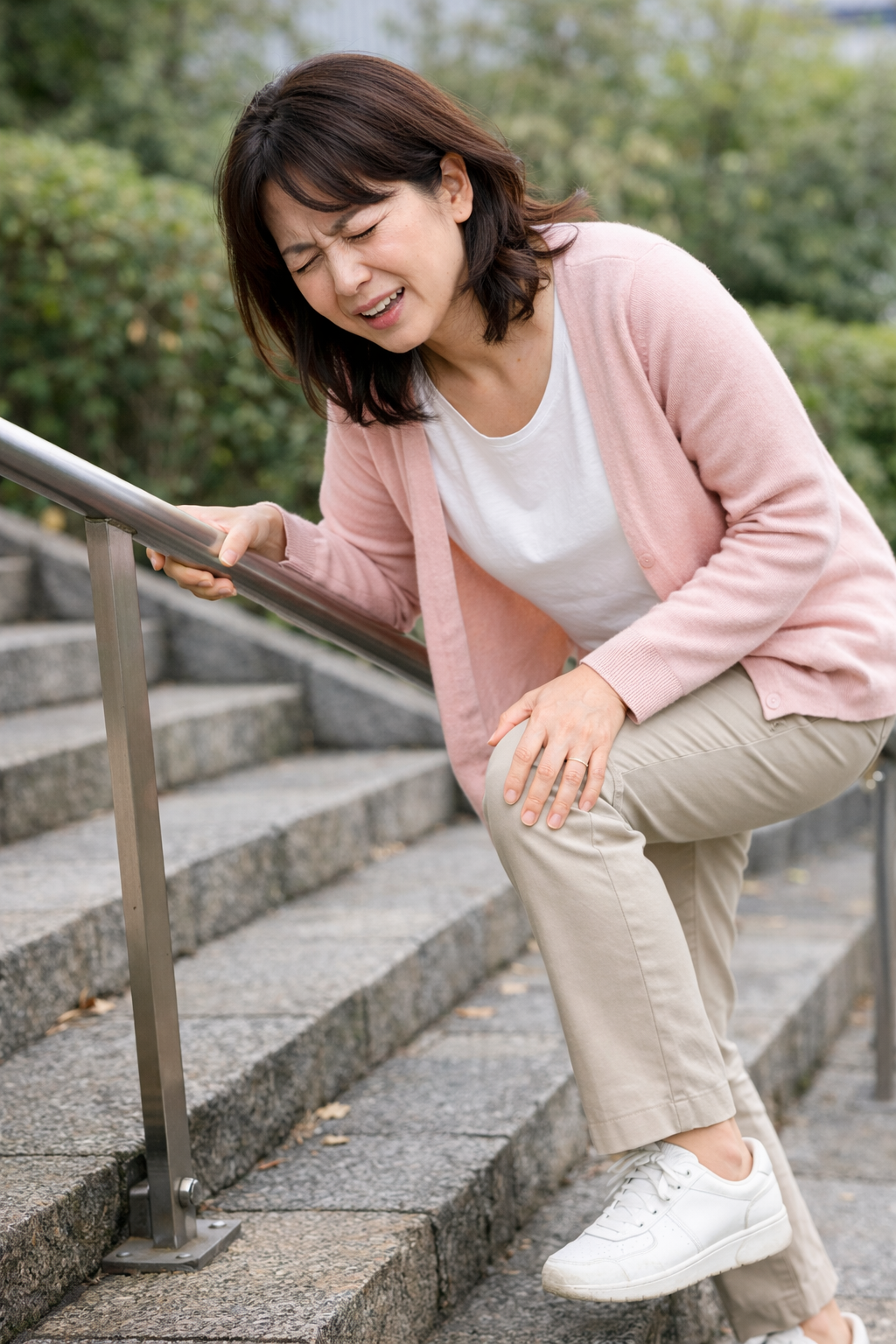 階段を昇る途中で膝の痛みに顔をゆがめ、手すりにつかまりながら膝を押さえる女性。変形性膝関節症のつらさを表現したシーン。