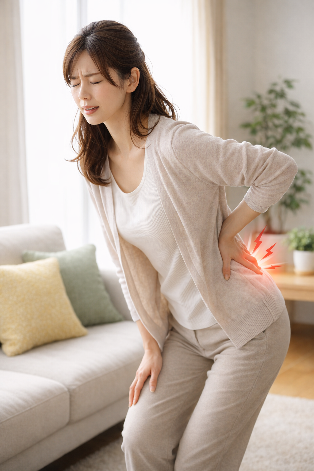 「腰に手を当てて痛みを感じている女性。筋筋膜性腰痛のつらさを表現したイメージ」