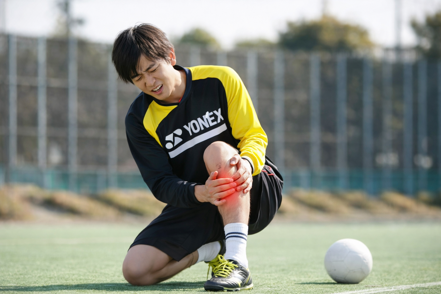 部活動中にすねの内側を押さえて痛みを感じる男子学生。シンスプリント（脛骨過労性骨膜炎）による下腿内側の痛みを示す様子