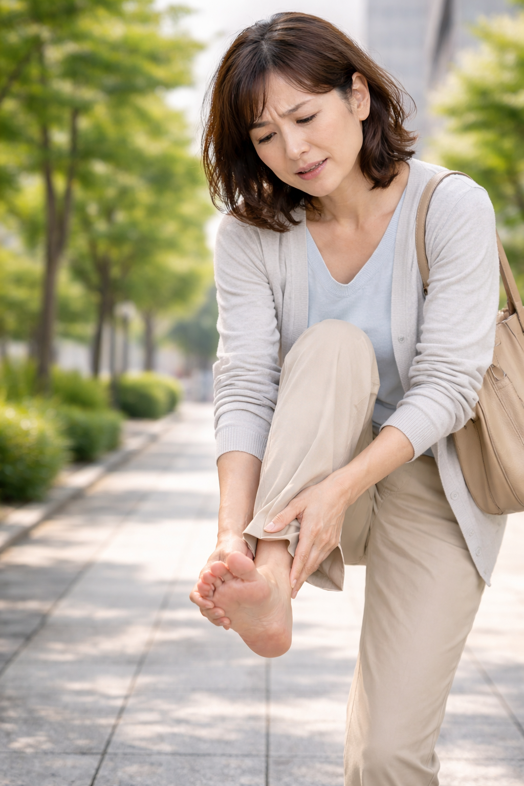 歩行中にかかとの痛みを感じて足を押さえる女性