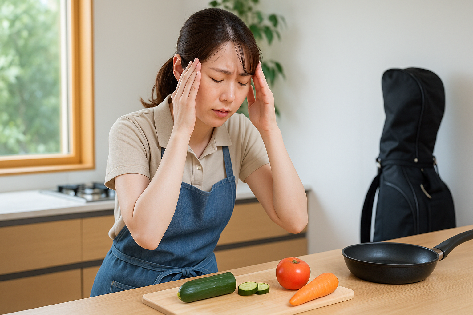 自宅のキッチンでめまいを感じる。交通事故から数日後でも症状がでる