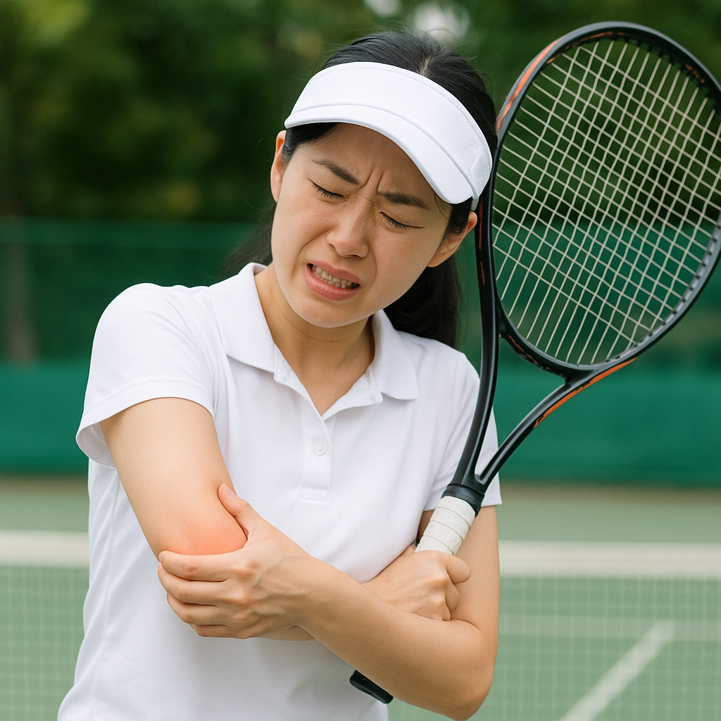 テニス肘の痛みに悩む女性テニスプレーヤーが肘を押さえている様子