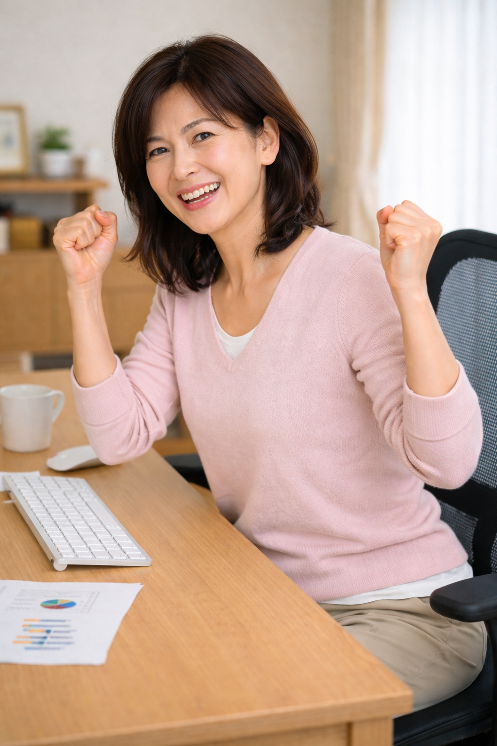 腰痛の改善に喜び、ガッツポーズをする女性。症状改善後の明るいイメージ。