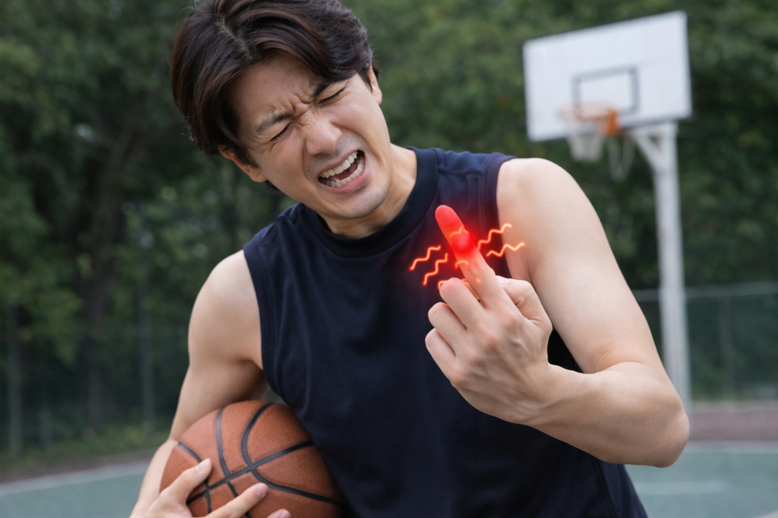 バスケットボール中に突き指をして痛がる男性。中指を押さえ強い痛みを感じている様子