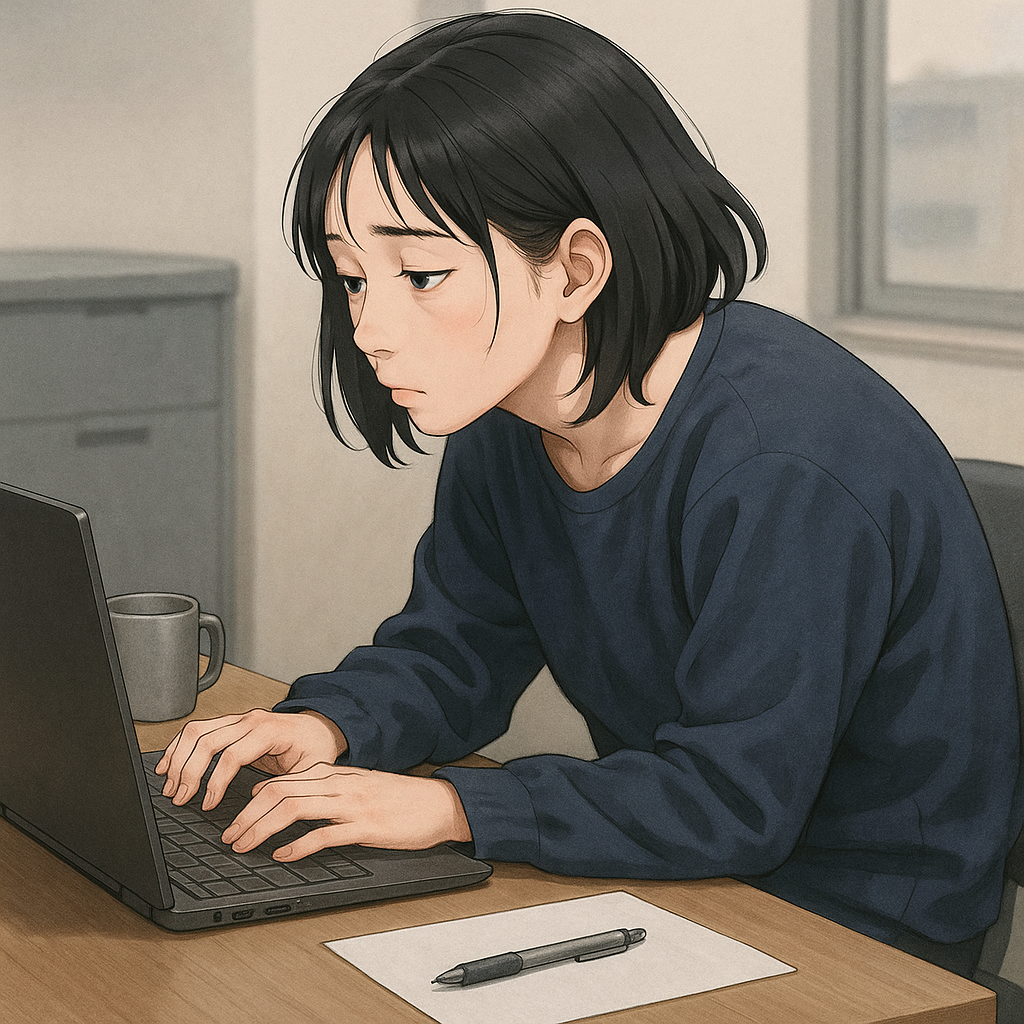 猫背でデスクワークをしている日本人女性