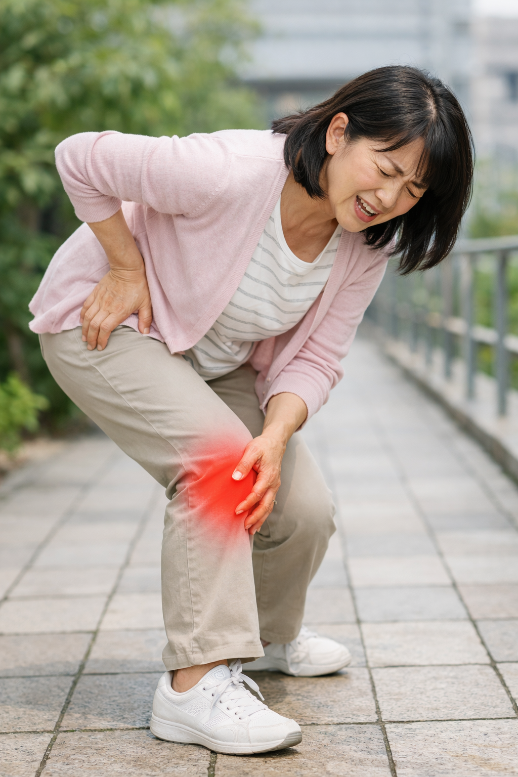 歩行中に膝や脚の痛みに顔をゆがめ、足を押さえる中年女性。坐骨神経痛や椎間板ヘルニアによる下肢症状のイメージ。