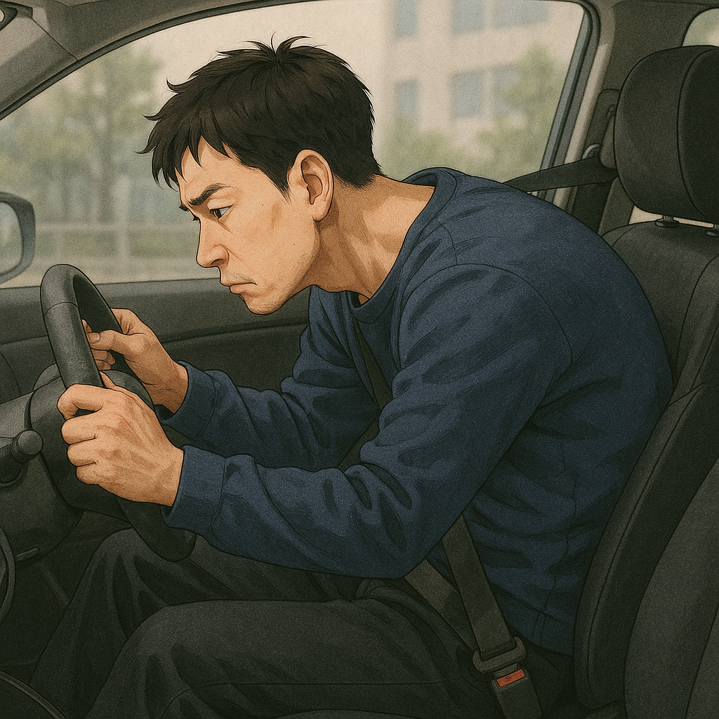 運転中に背中が丸まり、体幹が崩れている日本人男性の姿勢イラスト（背中の痛み・猫背の原因）