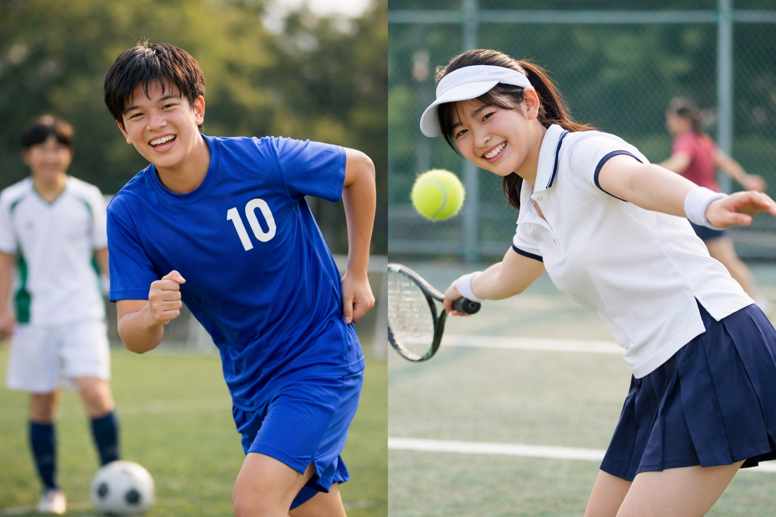 スポーツを楽しむ中高生の男女。サッカーやテニスに打ち込む姿から、ケガの克服と回復後の笑顔を表現。