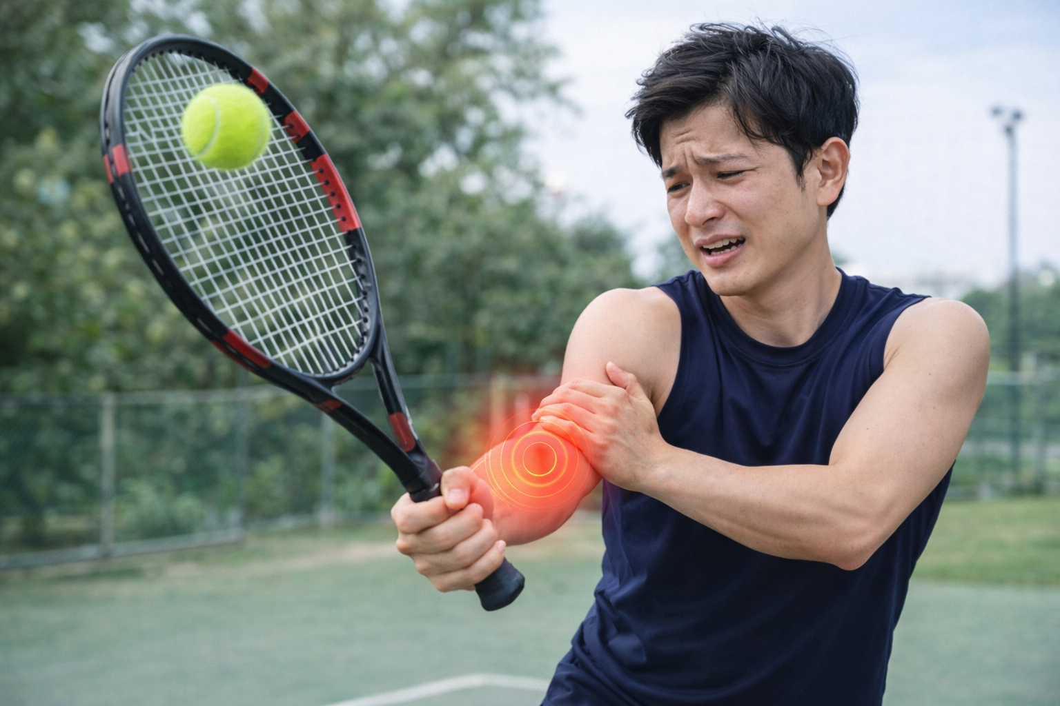 「テニスのプレー中に肘の痛みを訴える男性。ラケットを握りながら前腕を押さえ、肘の違和感に苦しむ様子」