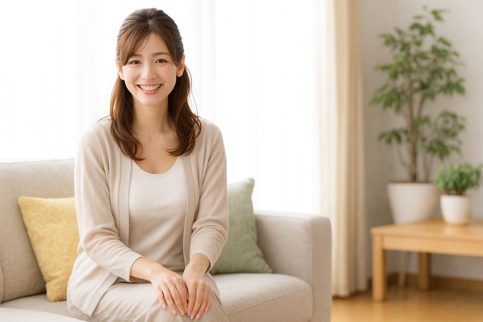 「腰痛改善後に笑顔でソファに座る女性。施術後の変化に満足しているイメージ」