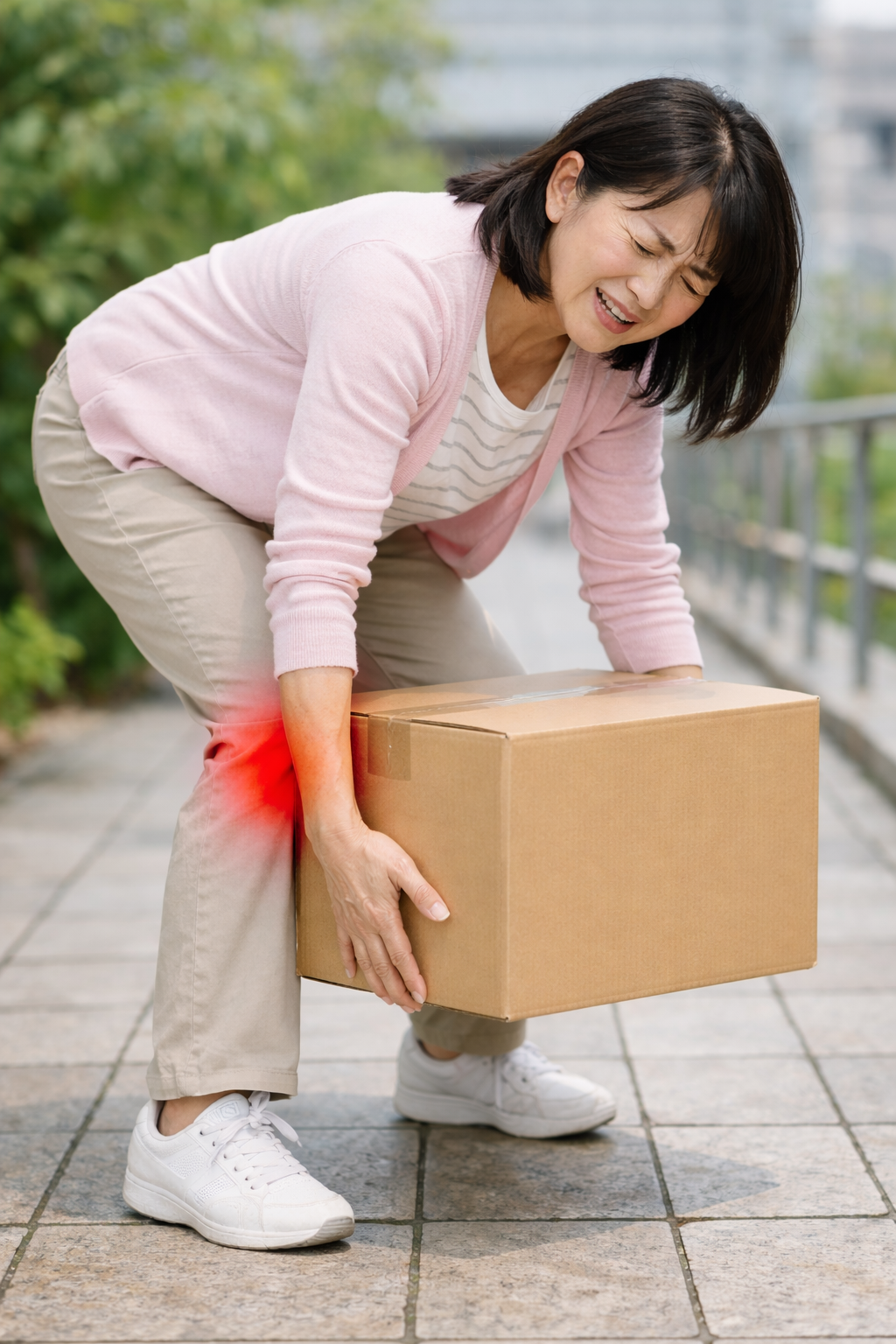 重い荷物を持ち上げようとした際に脚の痛みを感じる女性。椎間板ヘルニアや坐骨神経痛の悪化を示す動作シーン。