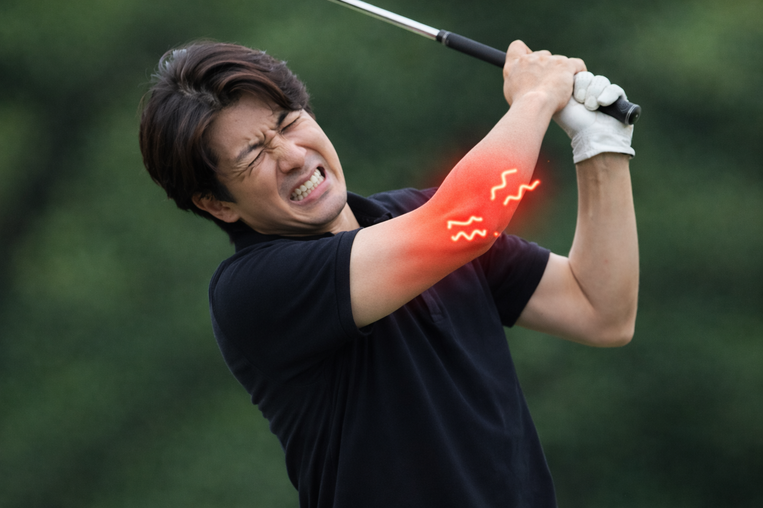 ゴルフスイング中に肘の激痛を感じて苦悶の表情を浮かべる男性。ゴルフ肘の典型的な発症場面を表現