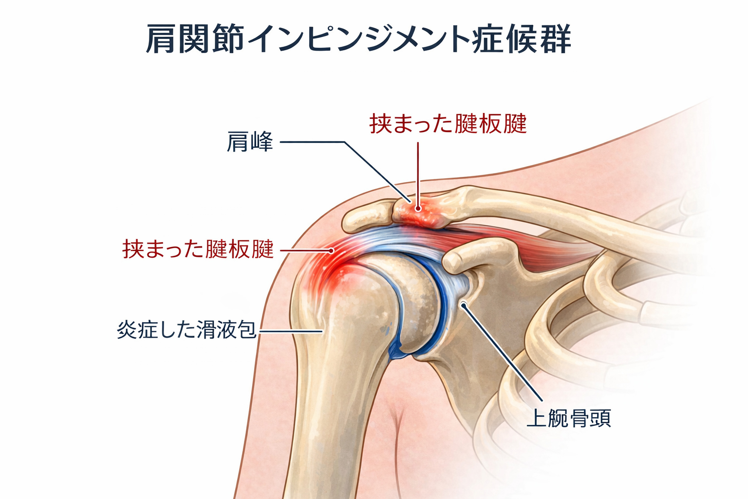 「肩関節インピンジメント症候群の解剖図。肩峰と上腕骨頭の間で腱板腱と滑液包が挟まり、炎症が起きている様子を示す。肩峰、腱板腱、滑液包、上腕骨頭などの部位がラベル付きで示されている。」