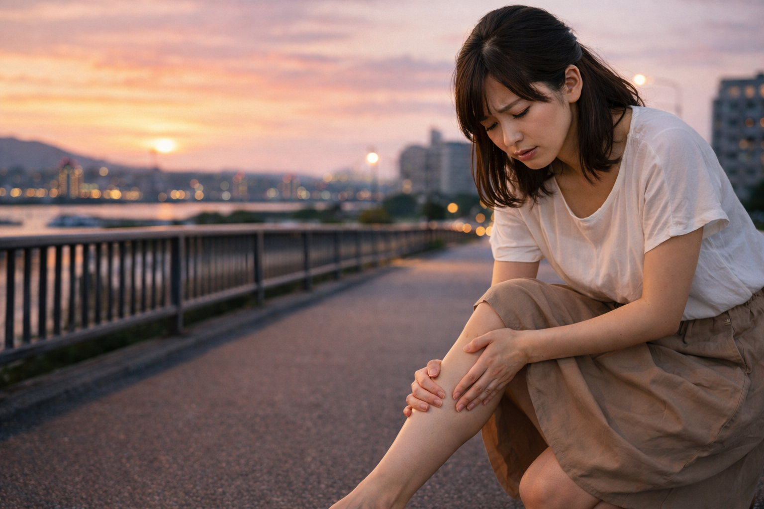 夕方の道端で足の痛みに耐える女性。ふくらはぎを押さえてつらそうな様子