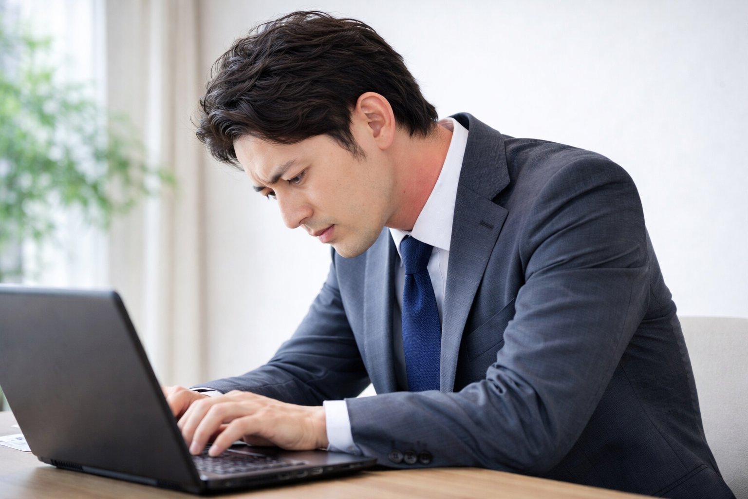 「ノートパソコンに向かい、前傾姿勢で作業するスーツ姿の男性。首や肩に負担がかかっている様子。」