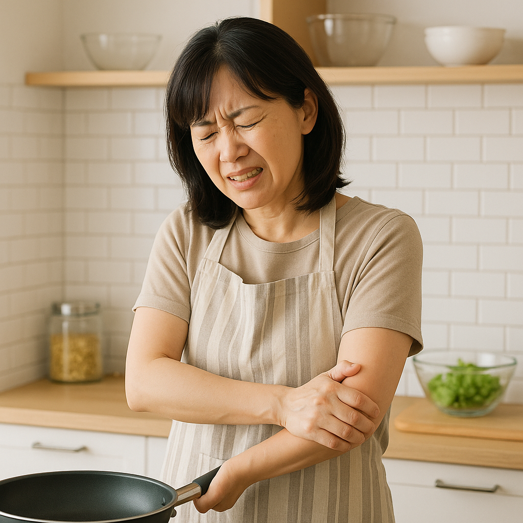 フライパンを持ちながら肘の痛みを感じて腕を押さえる女性の様子