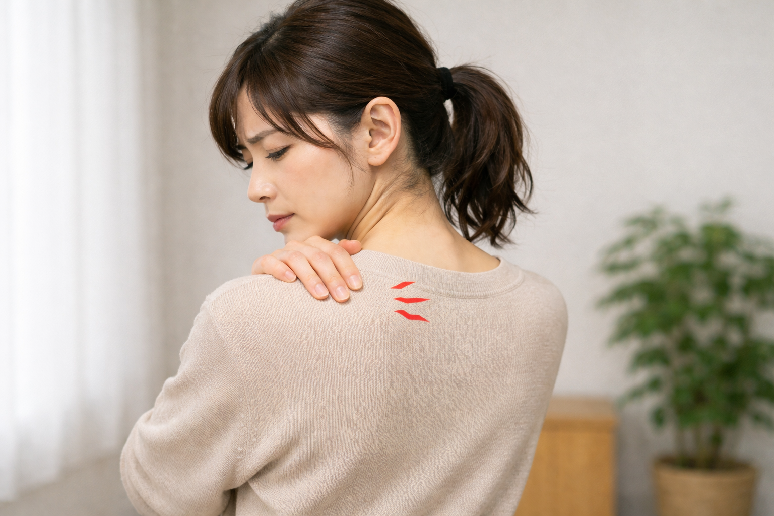 肩甲骨の痛みを感じて肩を押さえる女性｜肩甲骨内側のこり・張り・違和感のイメージ