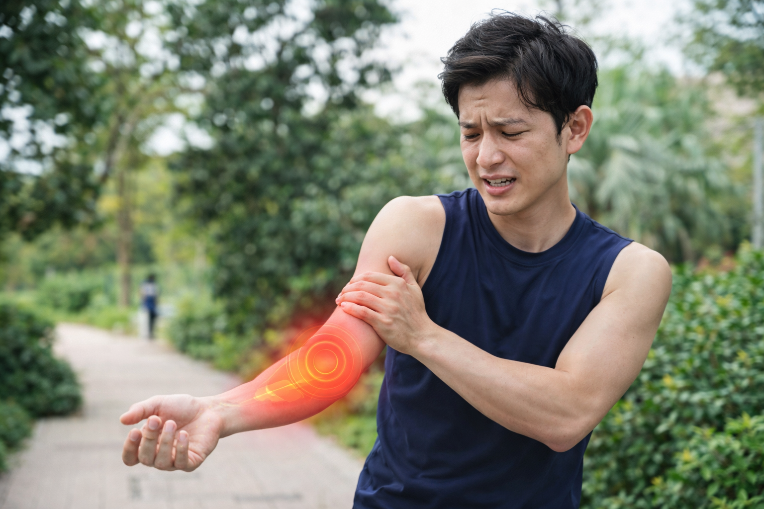 「運動中に前腕の痛みを訴える男性。腕を押さえ、神経障害や筋肉の損傷により苦痛を感じている様子」