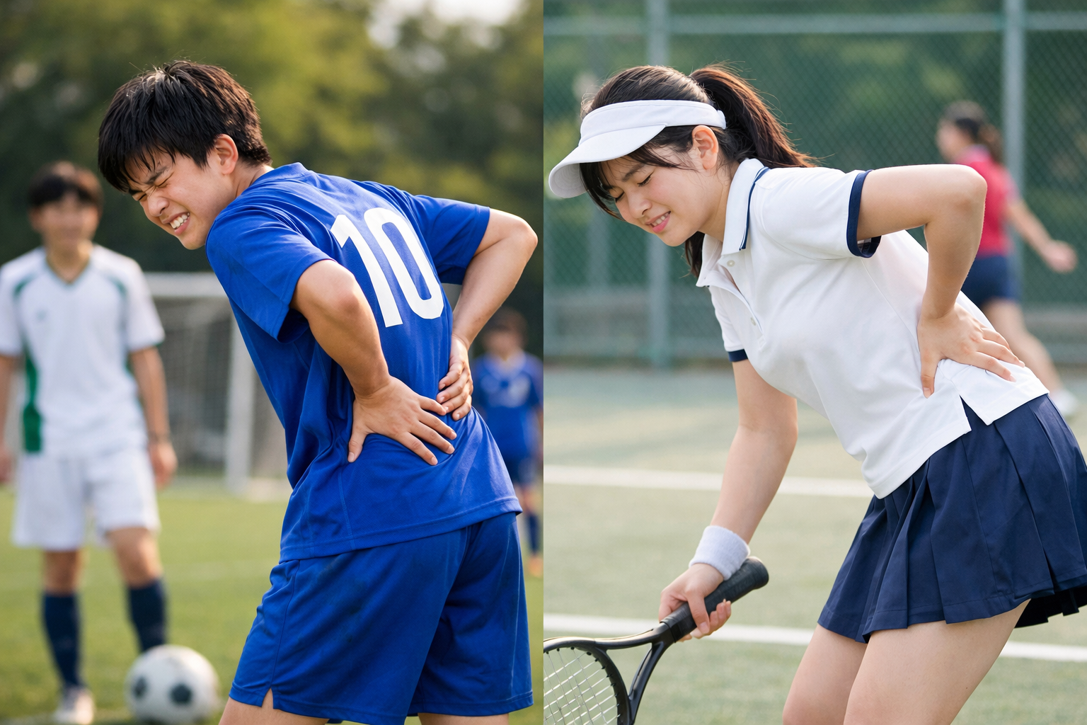 サッカーやテニスの練習中に腰の痛みを訴える中高生。スポーツ障害による腰椎分離症のリスクが高いシーンを表現。