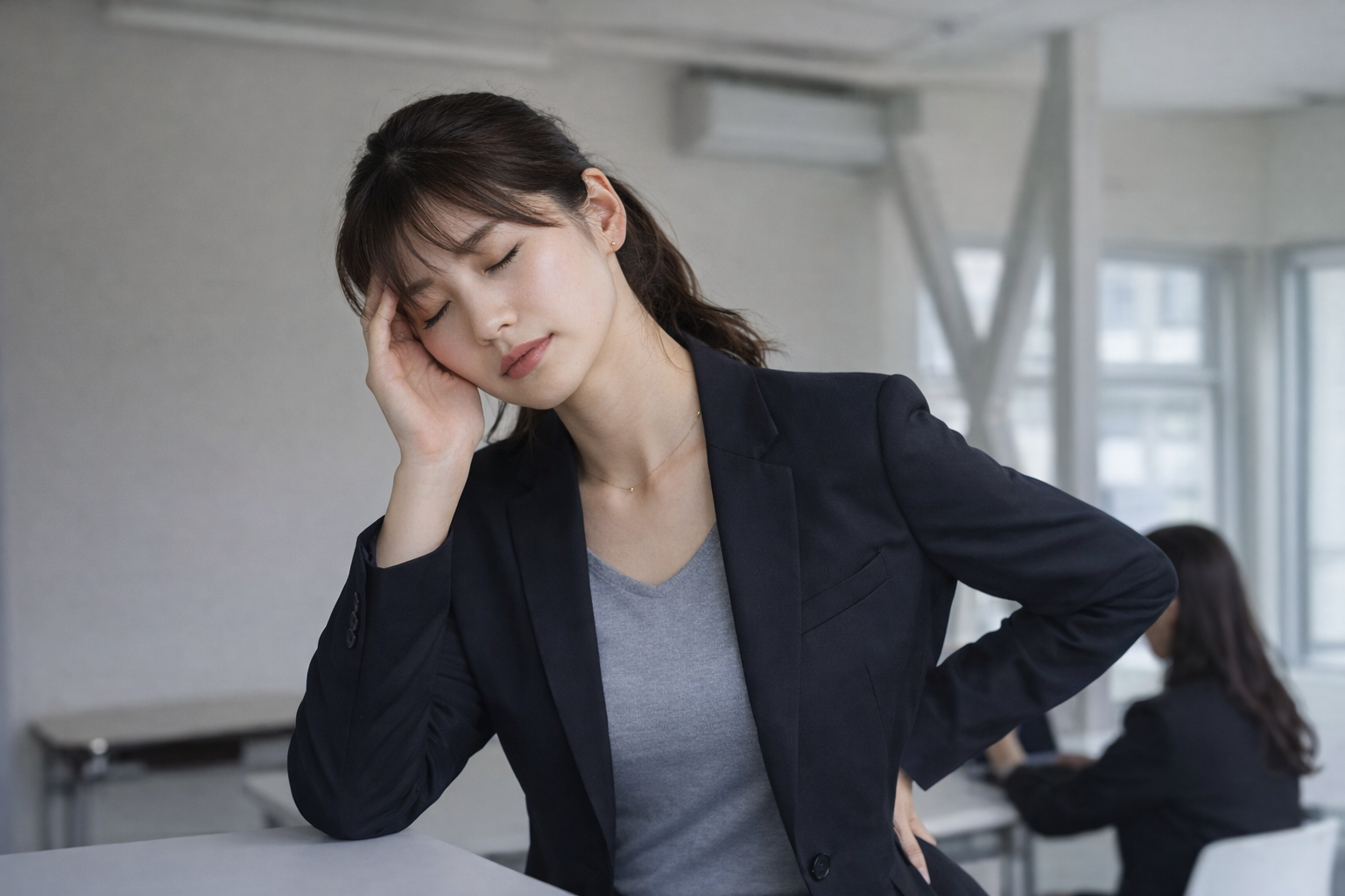 「腰に違和感を感じて手を当てながら、頭痛や疲労感で悩むビジネスウーマン」