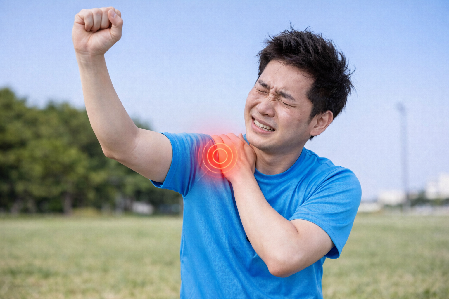 「スポーツ中に肩の痛みを訴える男性。右肩を押さえ、腱板損傷による鋭い痛みに耐えている様子」