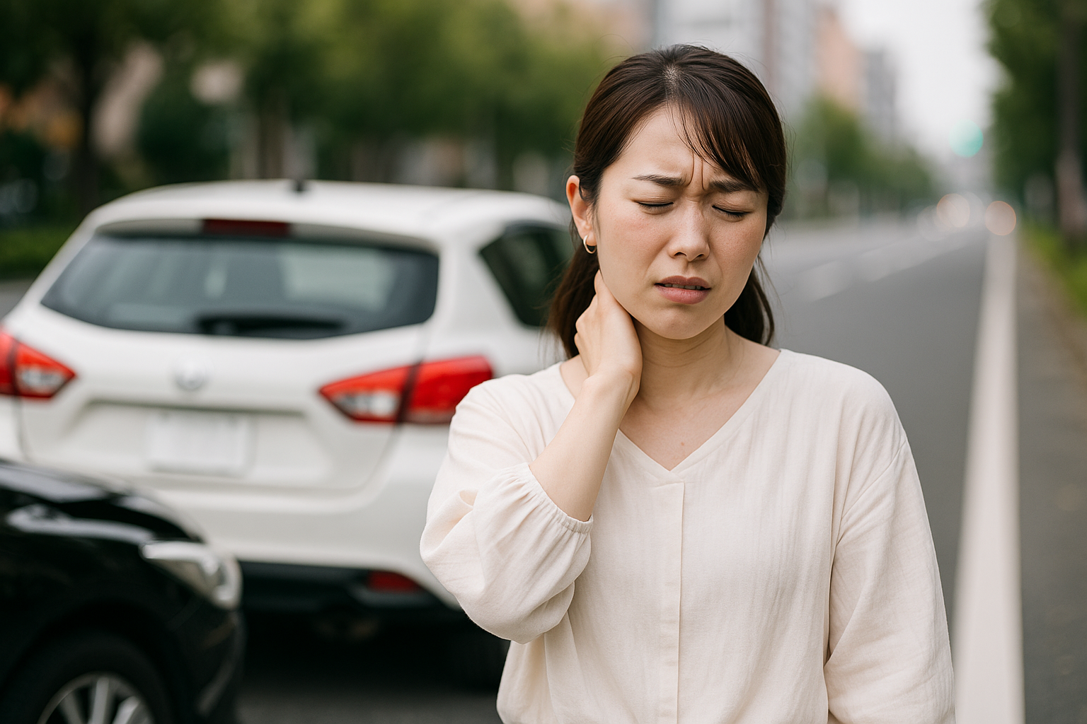 交通事故にあい、むちうち症状で悩む女性。