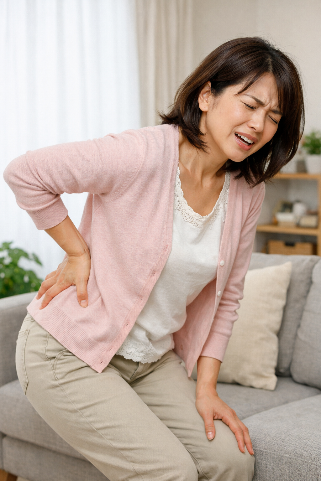 腰を押さえて痛そうな表情をしている女性。自宅で腰痛に悩んでいる様子