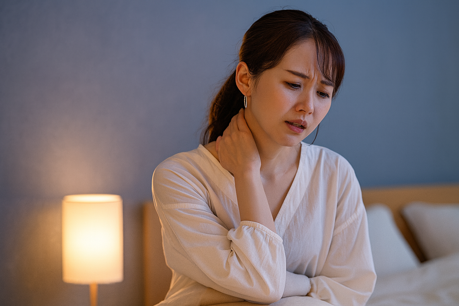 昼に交通事故で首を痛めたが、その時は痛くなかったのに家で夜寝る前に痛くなってきて不安な女性の様子。