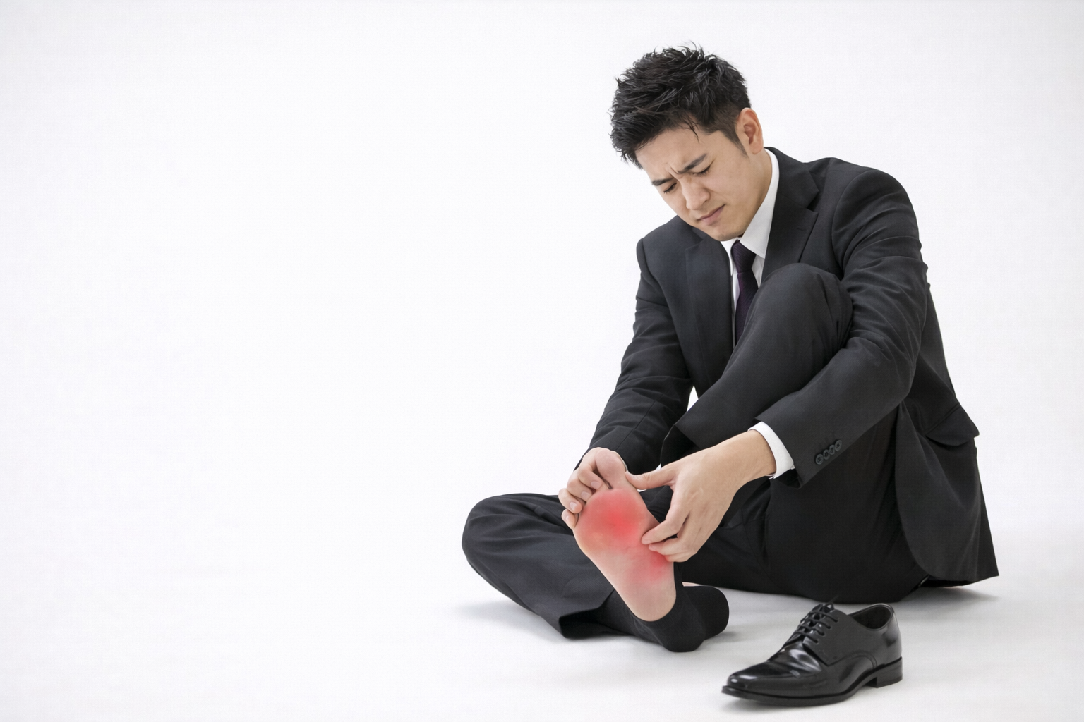 「足の裏を押さえて痛みを感じているスーツ姿の男性。かかとのあたりが赤くなっており、足底腱膜炎の症状を表現したイメージ」