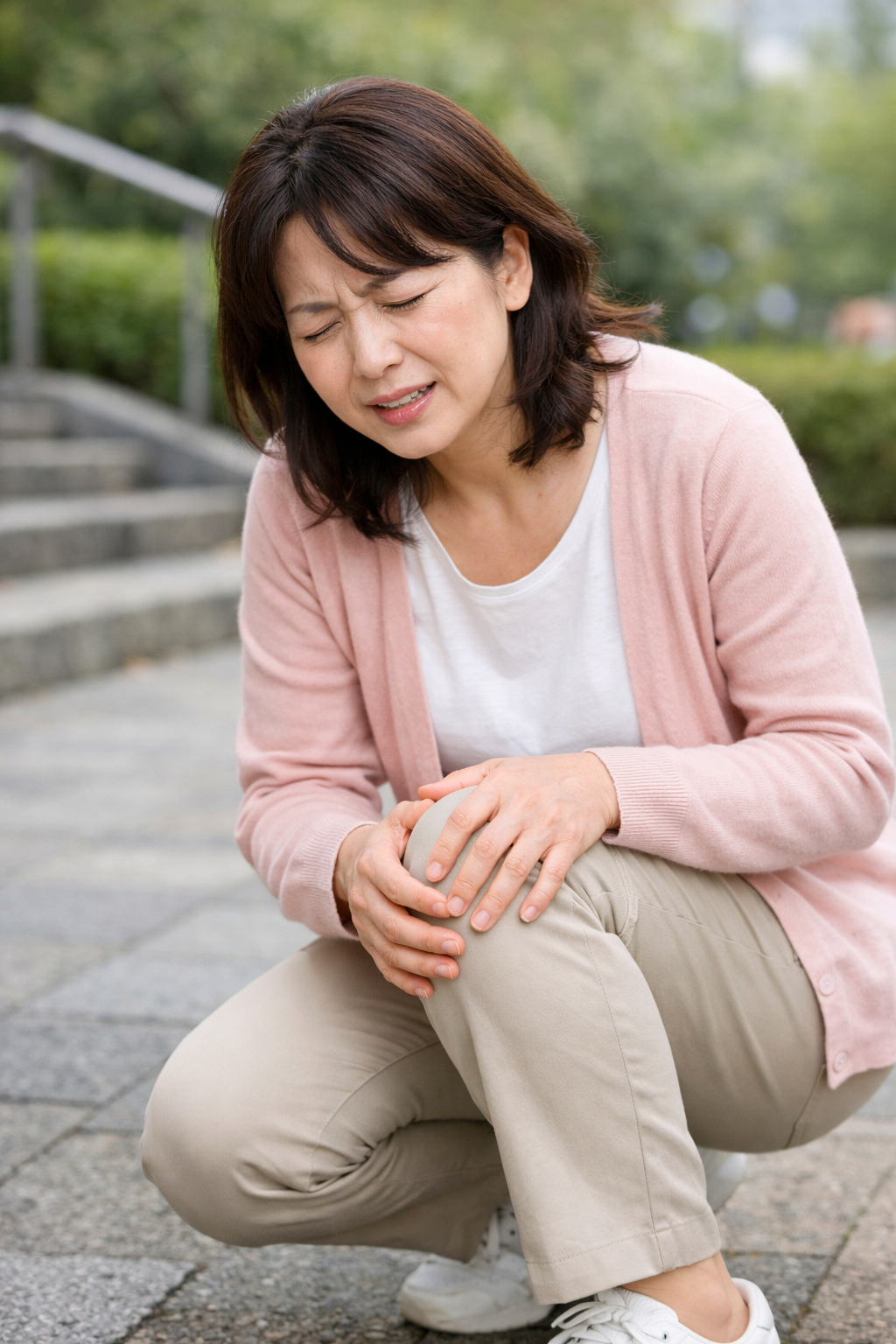 「膝の痛みでうずくまる中年女性。階段の近くで膝を押さえ、表情に苦痛を浮かべている様子。