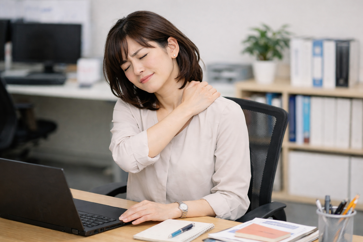 デスクワーク中に肩甲骨の痛みを感じている女性｜長時間のパソコン作業が原因の肩こり・背中の痛みのイメージ
