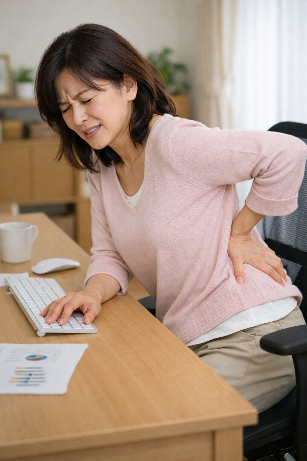 デスクワーク中に腰を押さえて痛みを訴える女性。椎間関節性腰痛の症状イメージ。