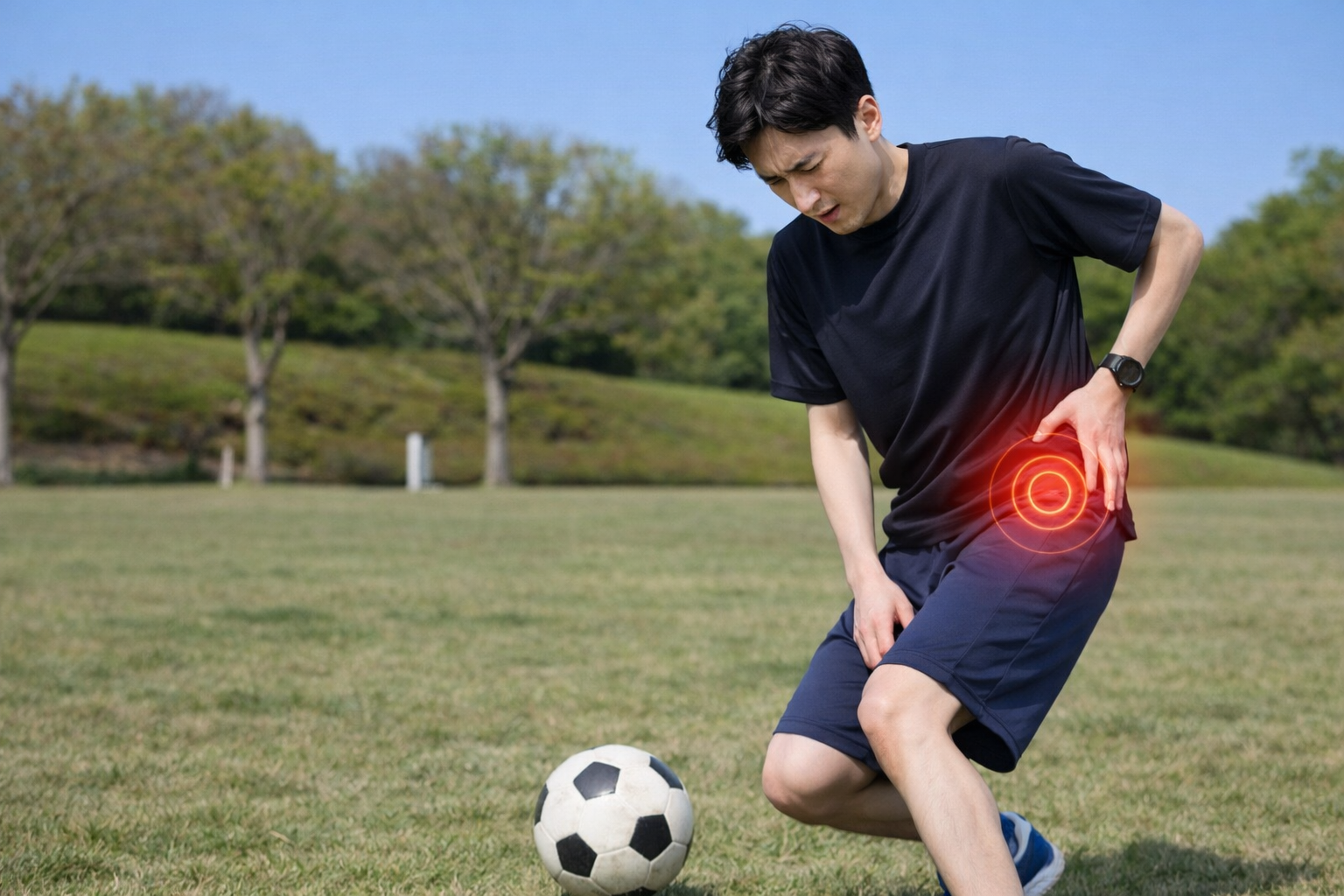 「サッカーのプレー中に鼠径部を押さえて痛みを感じている男性選手。芝生のグラウンド上で前かがみになり、つらそうな表情を浮かべている。」