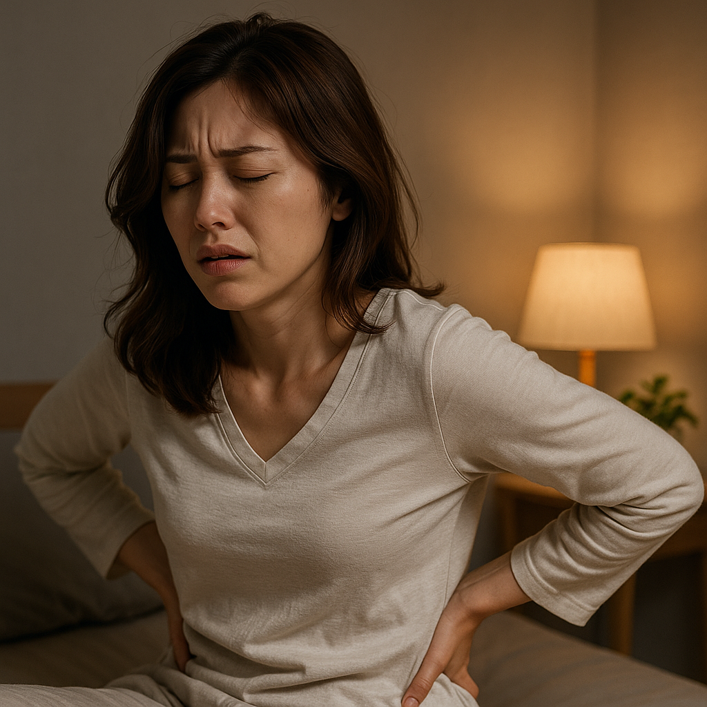 交通事故で夜寝る前に腰が痛くなってきて困っている女性