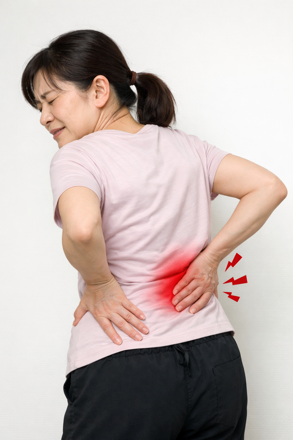 腰の痛みに耐える中年女性。側弯症による慢性的な腰痛を訴える様子