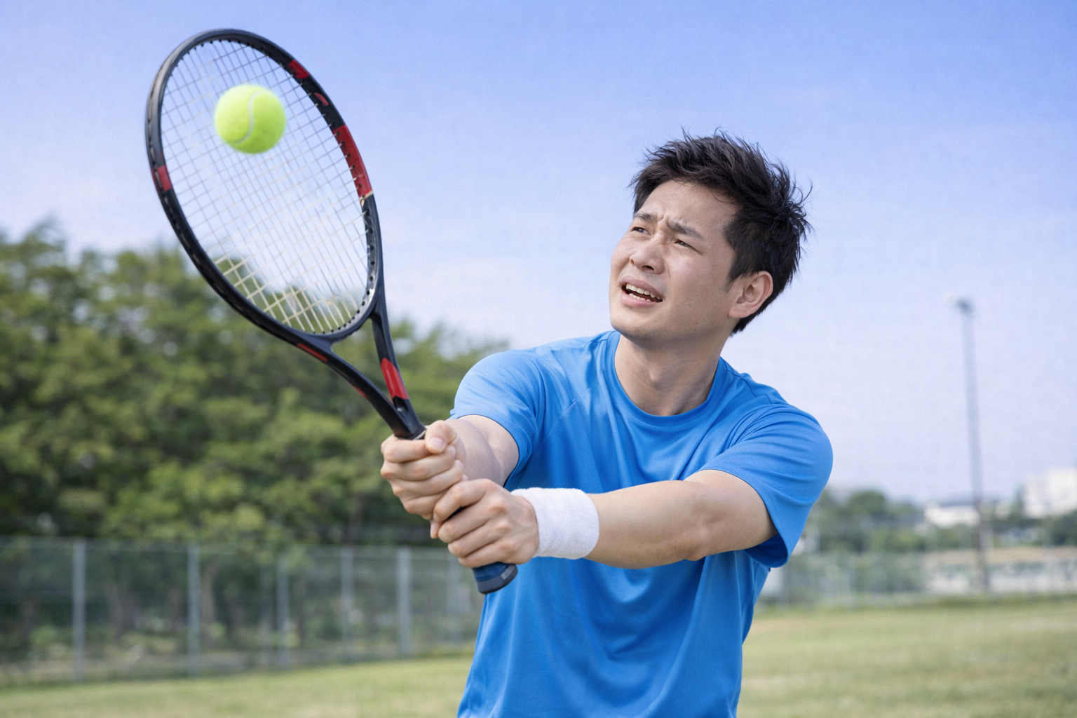 「テニスのプレー中に肩の違和感を覚える男性選手。ボールを打ちながらも痛みに不安を感じている様子」